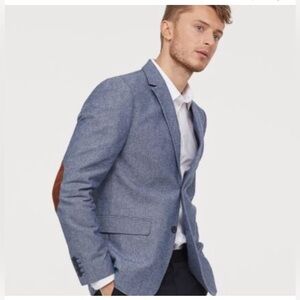 H&M Light Blue Blazer Jacket Size 42R Slim Fit Cotton Elbow Patch Sportcoat